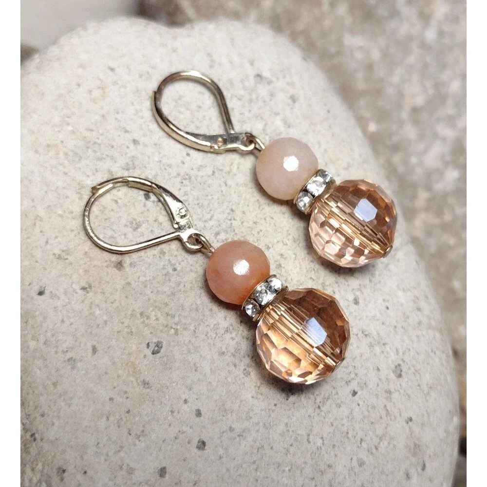 Vintage Peach Quartz Crystal Gold tone Dangle Earrings
